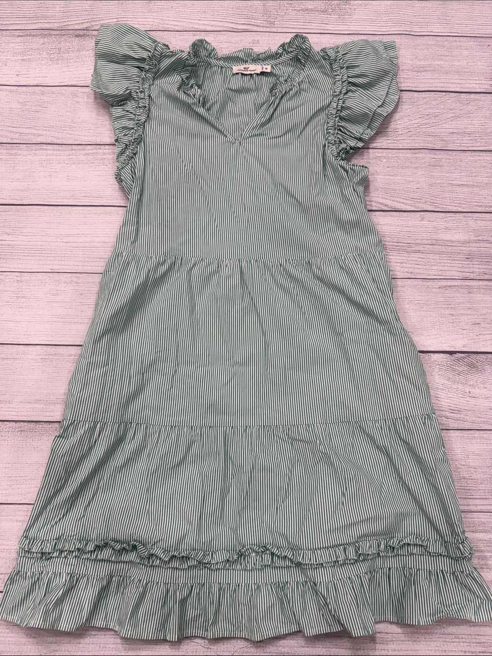 Vineyard Vines Green Stripe Ruffle Tiered Dress Women’s Medium - Picture 2 of 5